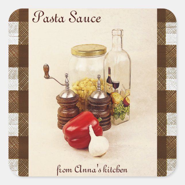 Etikett für Pasta, roten Pfeffer, Salz und Gewürzs Quadratischer Aufkleber (Vorderseite)