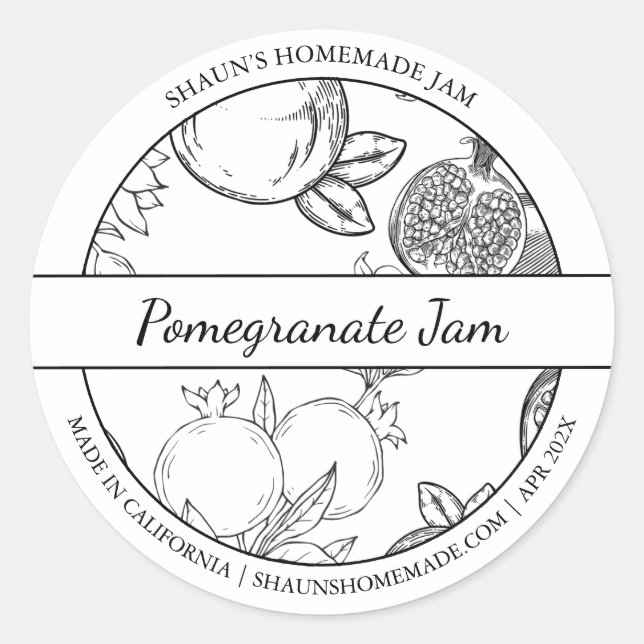 Etikett für Schwarz-Weiß-Sketch-Pomegranate-Jam Runder Aufkleber (Vorderseite)