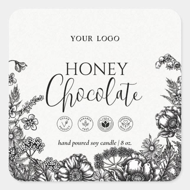 Etikett für schwarz-weiße Blütenkerzen oder Seife Quadratischer Aufkleber (Vorderseite)