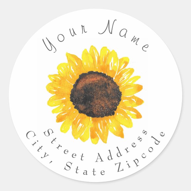 Etikett "Handgestrichene Wasserfarben-Sonnenblume  Runder Aufkleber (Vorderseite)