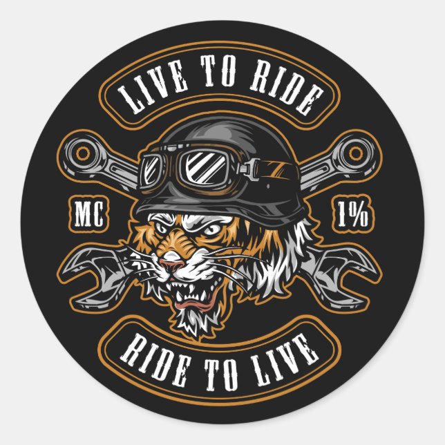 Etikett mit zorniger Tigerspitze im Bikerhelm und  Runder Aufkleber (Vorderseite)