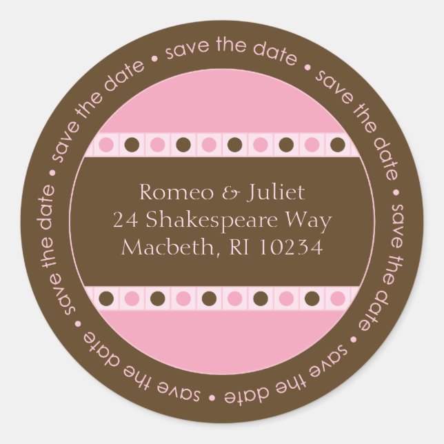 Etikett Save the Date - Rosa und Braun Runder Aufkleber (Vorderseite)