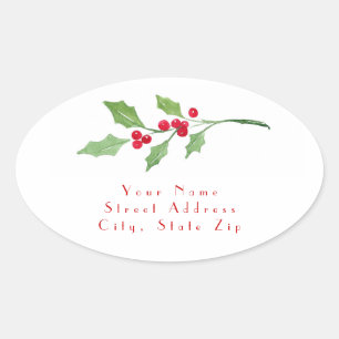 Etiketten "Watercolor Holly Sprigs" Ovaler Aufkleber