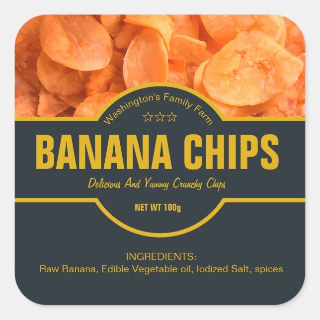 Etikettenaufkleber für Bananenchips Quadratischer Aufkleber (Vorderseite)