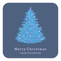 Etiqueta adhesiva con árbol de Navidad azul