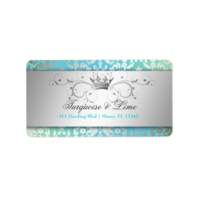 Étiquette 311 Dazzling Damask Turquoise & Lime Black (Devant)