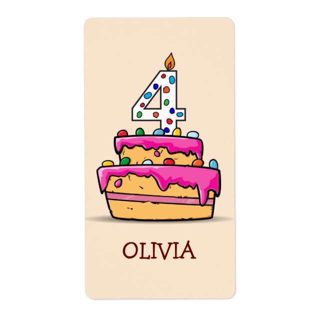 Étiquette 4e anniversaire de la fille, 4 sur le gâteau rose  (Devant)