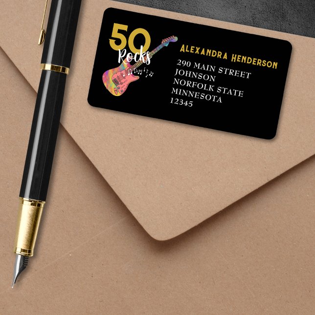 Étiquette 50 Rocks Rose Black Gold 50e fête d'anniversaire (50 Rocks cool Pink Black and Gold 50th birthday party return address label )