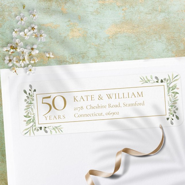 Étiquette 50e Anniversaire d'or Verdure Aquarelle Adresse (50th Gold Anniversary Greenery Watercolour Address Label)