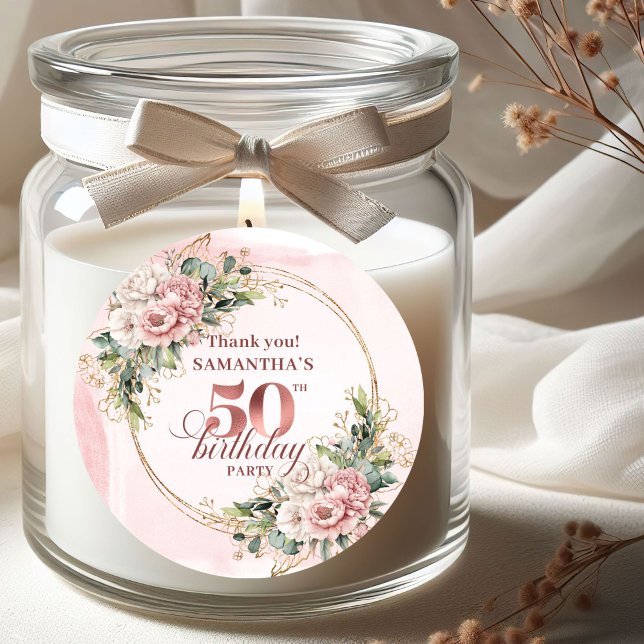 Étiquette 50e anniversaire Rose Gold Botanical Sof (Soft Blush Rose Gold Botanical 50th Birthday Stickers)