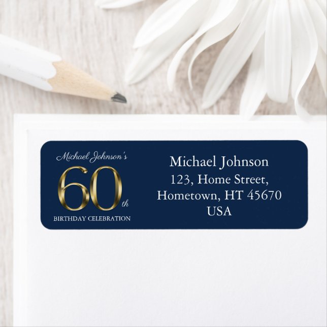 Étiquette 60e anniversaire Marine Blue Gold Texte Adresse de (En situation)