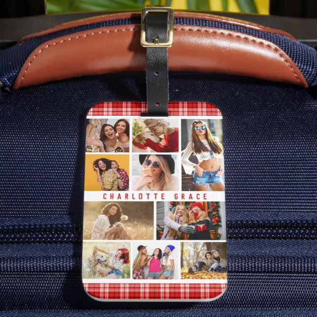 Étiquette À Bagage 10 Photo Moderne Tendance Rouge Plaid Nom élégant (Insitu Rectoal 2)