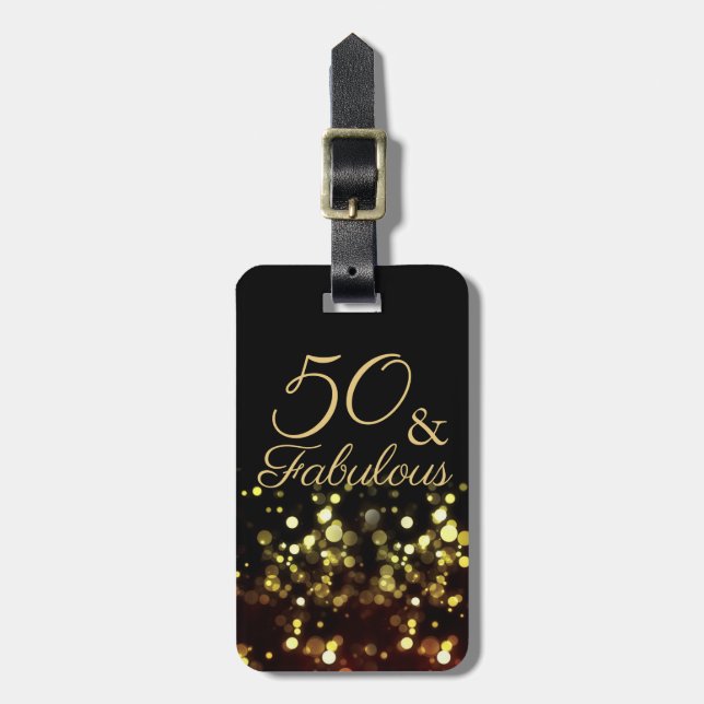 Étiquette À Bagage 50 et Fabulous Black and Gold Birthday (Devant Vertical)