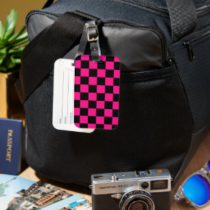 Étiquette À Bagage à damiers carré rose chaud noir rétro géométrique