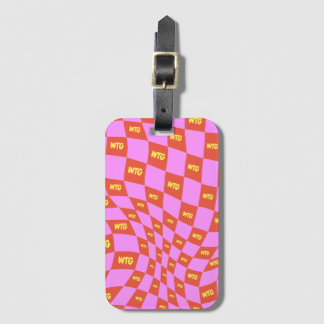 Étiquette À Bagage à damiers néon rose orange jaune moderne rétro