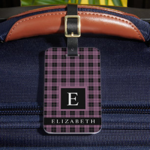 Étiquette À Bagage À damiers noir violet foncé violet customisé