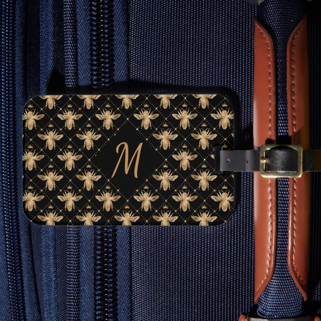 Étiquette À Bagage Abeille de miel monogramme | Or noir (Insitu Rectoal 4)