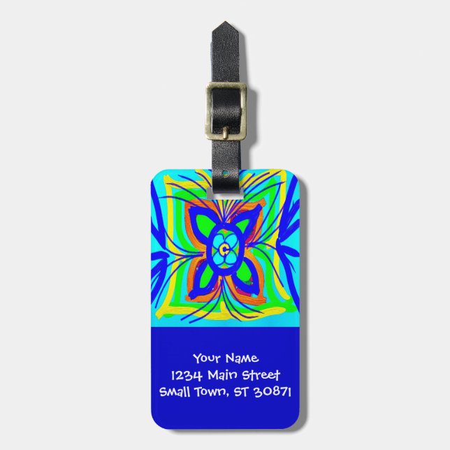 Étiquette À Bagage Abstrait Papillon Flower Doodle Turquoise Lime (Devant Vertical)