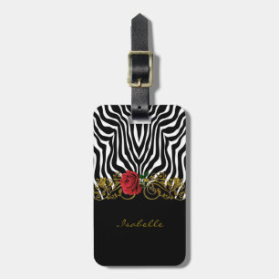 Étiquette À Bagage Abstraite Fleur Zèbre Rouge Noir Blanc Or