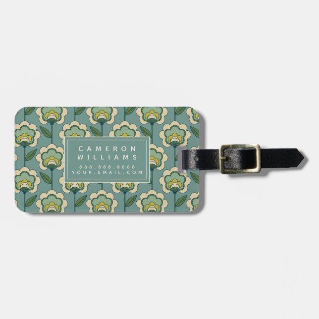 Étiquette À Bagage Additionnez votre | nommé Teal et motif floral (Devant horizontal)