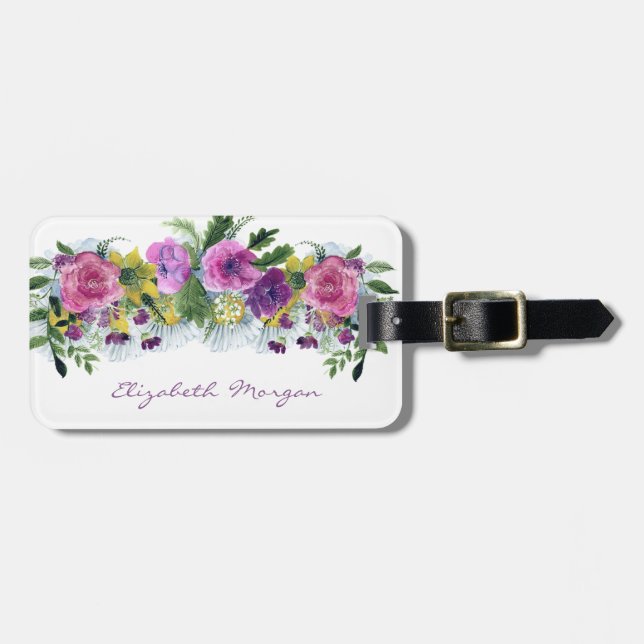 Étiquette À Bagage Adorable Fleurs d'aquarelle de fille (Devant horizontal)