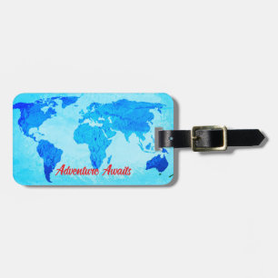 Étiquette À Bagage Adventure Await World Map Cadeau Favoriser le bleu