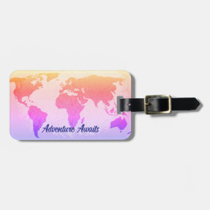Étiquette À Bagage Adventure Await World Map Cadeau Favoriser Pink Bl