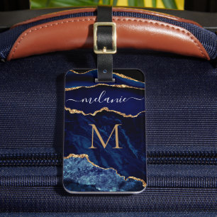 Étiquette À Bagage Agate Blue Gold Marble Nom Lettre Bagage Balise