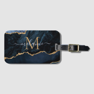 Étiquette À Bagage Agate Marine Blue Gold Gemstone Marble Nom du mono