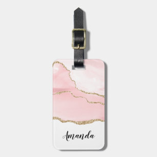 Étiquette À Bagage Agate rose vierge avec ruban or Élégant