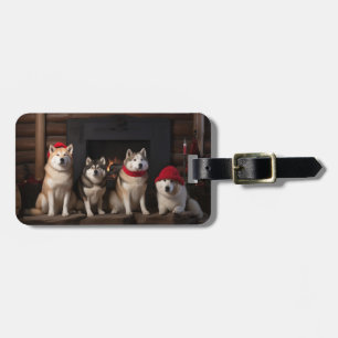 Étiquette À Bagage Akita au coin du feu de Noël