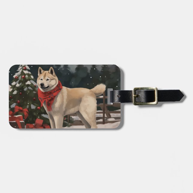 Étiquette À Bagage Akita Chien dans Noël de neige (Devant horizontal)