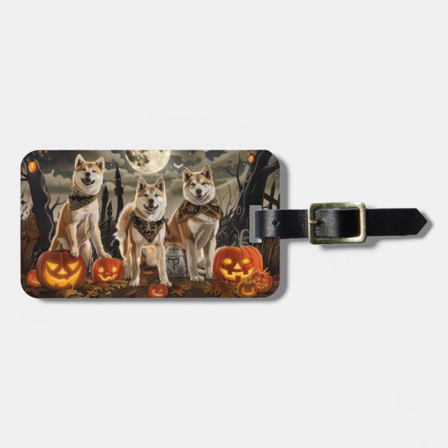 Étiquette À Bagage Akita Halloween Éffrayant (Devant horizontal)