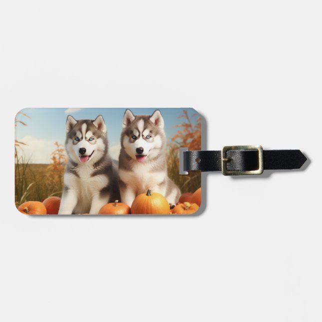 Étiquette À Bagage Alaskan Malamute Chiot Automne Citrouille délice (Devant horizontal)