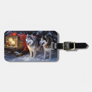 Étiquette À Bagage Alaskien Malamute Snowy Sleigh Ride Noël