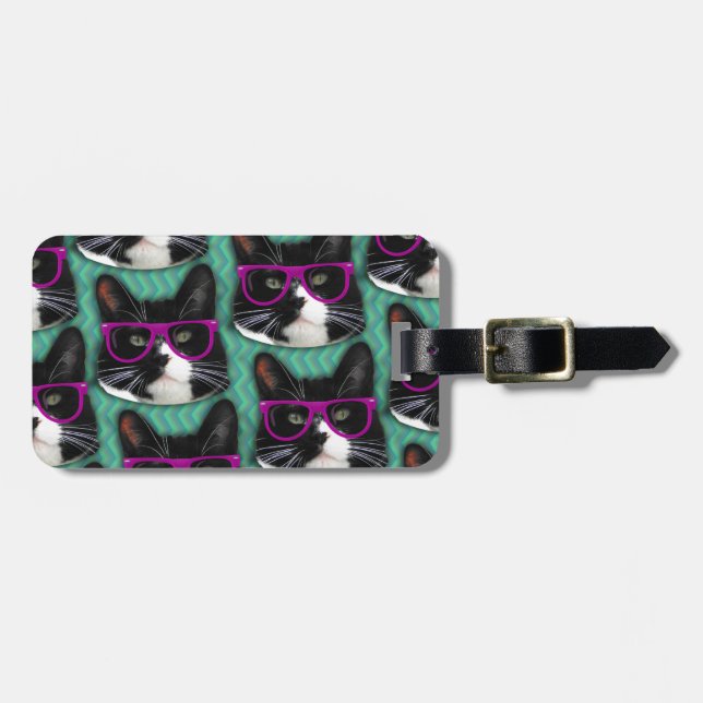 Étiquette À Bagage Allons voir Lunettes Tuxedo Motif de chat (Devant horizontal)