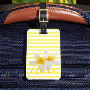 Étiquette À Bagage Aloha Élégante Fleur Tropicale & Bandes Jaunes
