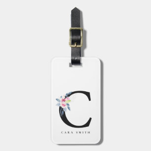 ÉTIQUETTE À BAGAGE ALPHABÈTES FLORAUX BLEUS DOUX NOM LETTRE C