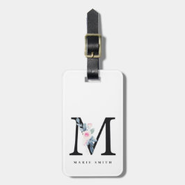 ÉTIQUETTE À BAGAGE ALPHABÈTES FLORAUX BLEUS DOUX NOM LETTRE M