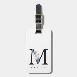 ÉTIQUETTE À BAGAGE ALPHABÈTES FLORAUX BLEUS DOUX NOM LETTRE M