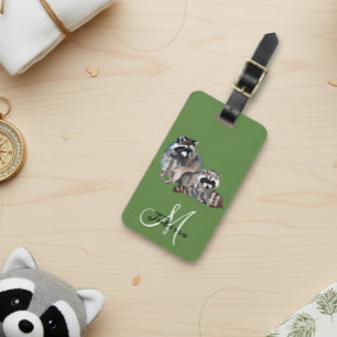 Étiquette À Bagage Amoureux du Raton Laveur Aquarelle Monogramme