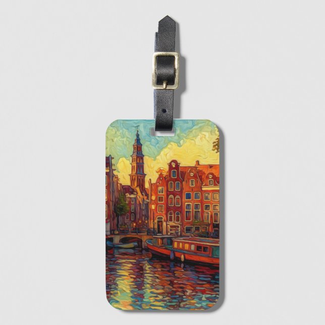 Étiquette À Bagage Amsterdam canal maisons de style van Gogh (Devant Vertical)
