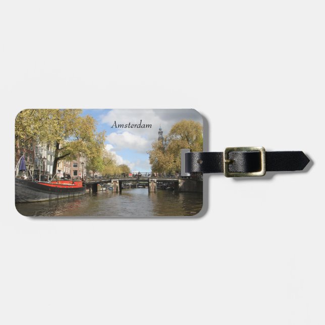 Étiquette À Bagage Amsterdam, Canal, Pont, Ménage, Spire de l'église (Devant horizontal)