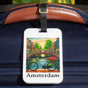 Étiquette À Bagage Amsterdam Hollande Canal Ville Voyage Vintage