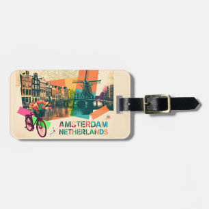 Étiquette À Bagage Amsterdam Pays-Bas Canal Art Pop Voyage Vintage