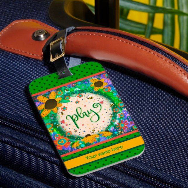 Étiquette À Bagage Amusement Jouer Nom personnalisé Floral Bumblebee (Créateur téléchargé)