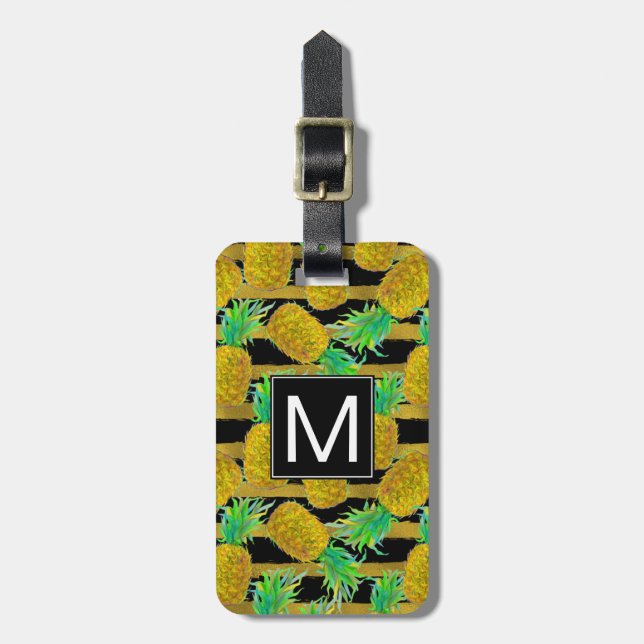 Étiquette À Bagage Ananas d'or sur le monogramme des rayures | (Devant Vertical)