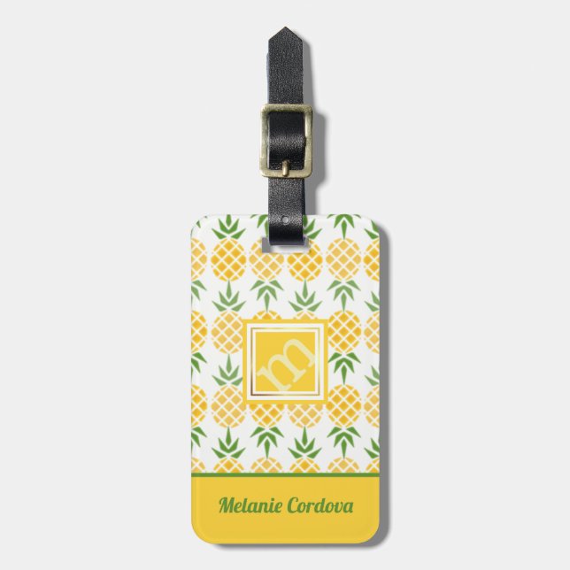 Étiquette À Bagage Ananas Motif-blanc, Monogramme (Devant Vertical)