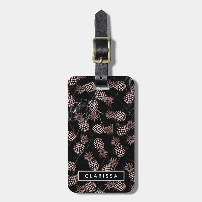 Étiquette À Bagage ananas rose d'or de marbre noir moderne élégant (Devant Vertical)