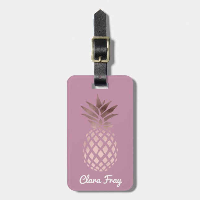 Étiquette À Bagage ananas tropical de poussin d'or rose élégant (Devant Vertical)